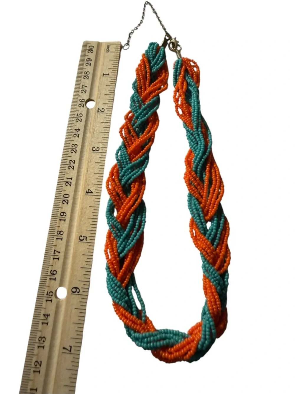 Braided Coral Orange & Teal Blue Beaded Necklace - Adjustable Chain